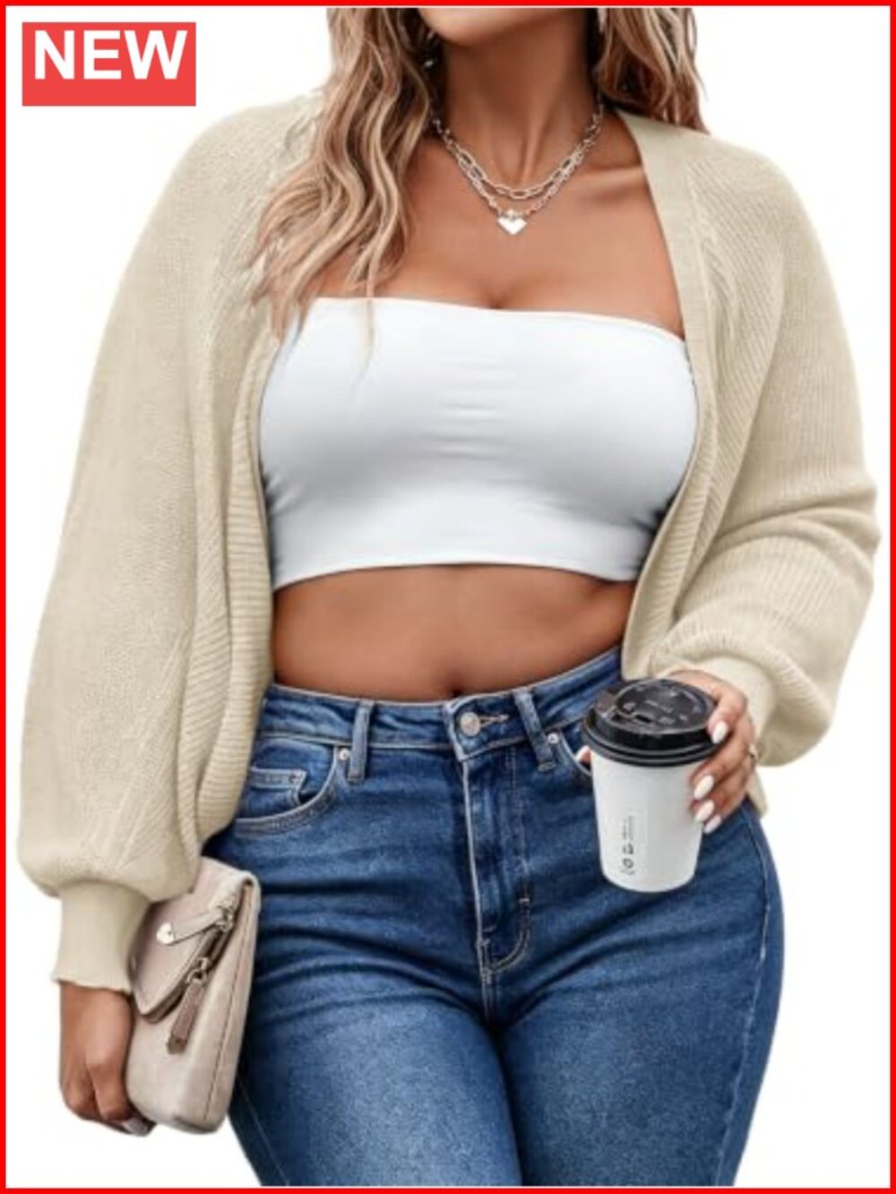 Plus Size Open Front Batwing Sleeve Knitted Shrug Cropped Bolero Cardigan